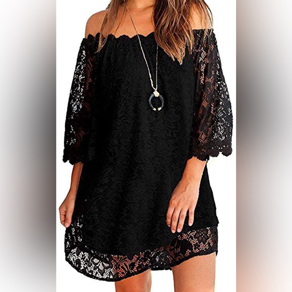 Black Lace Off the Shoulder Shift Mini Dress. size Medium.